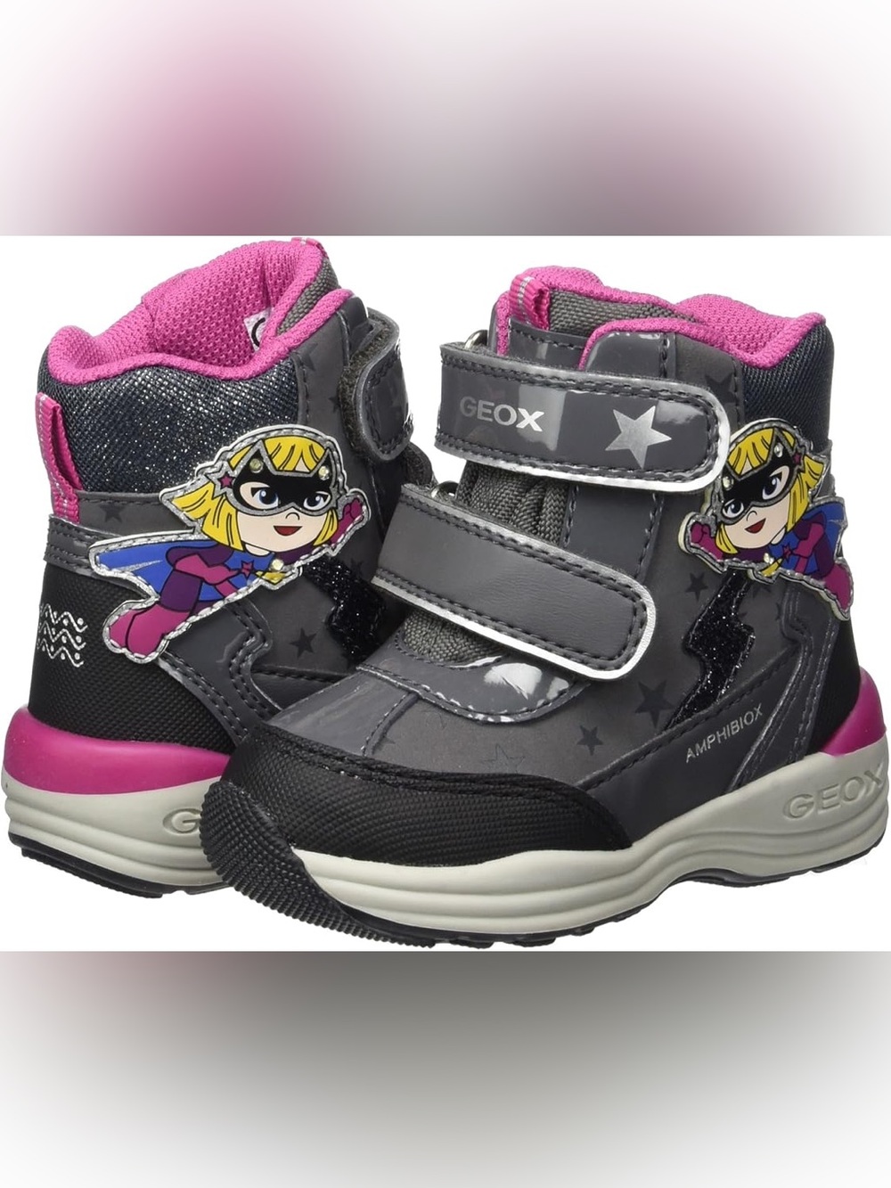 Geox Toddler Winter Boots Light Up Boots Size 6.5 Gray and Pink Superhero